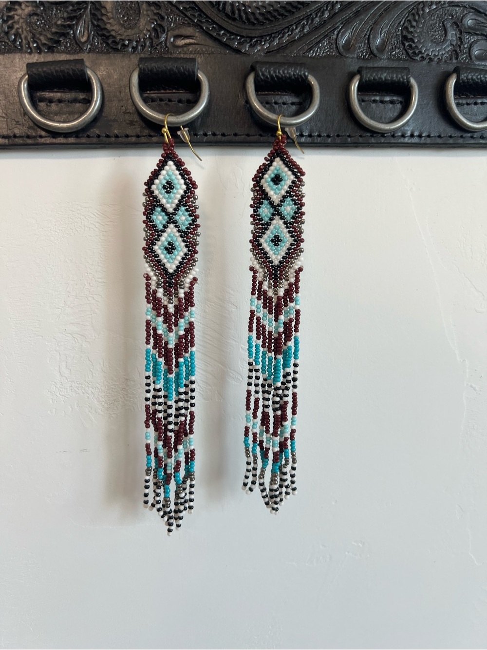 Western Beaded Long Earrings Brown Blue Beaded boho jewelry gift tassel New - Picture 2 of 7